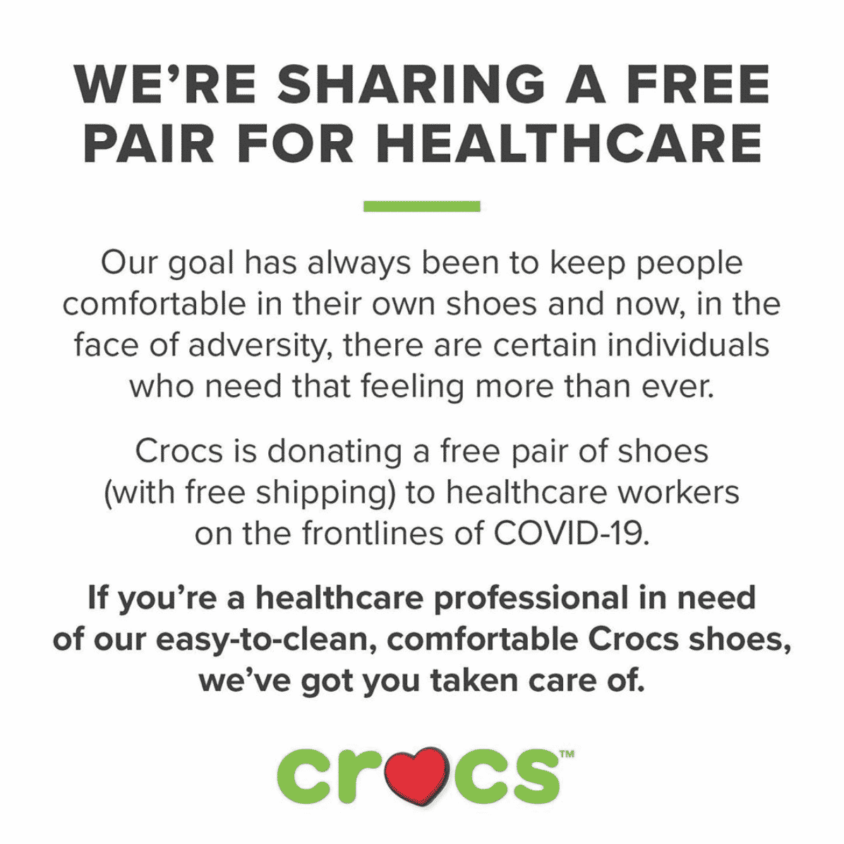 crocs giveaway to healthcare workers